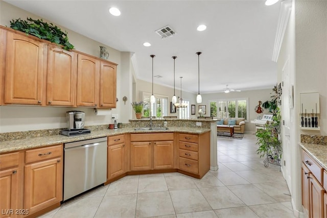 kitchen with dishwasher, a sink, a peninsula, open floor plan, and light stone counters