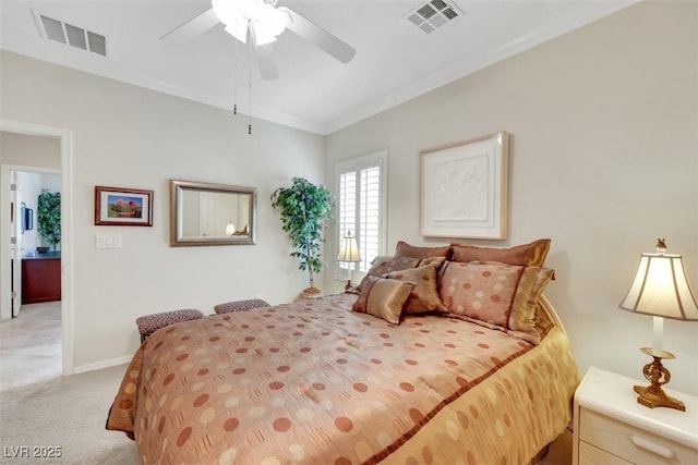 bedroom featuring crown molding, light carpet, baseboards, and a ceiling fan