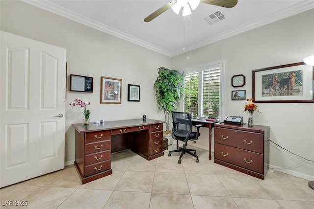 office space with ornamental molding, a ceiling fan, baseboards, and light tile patterned flooring