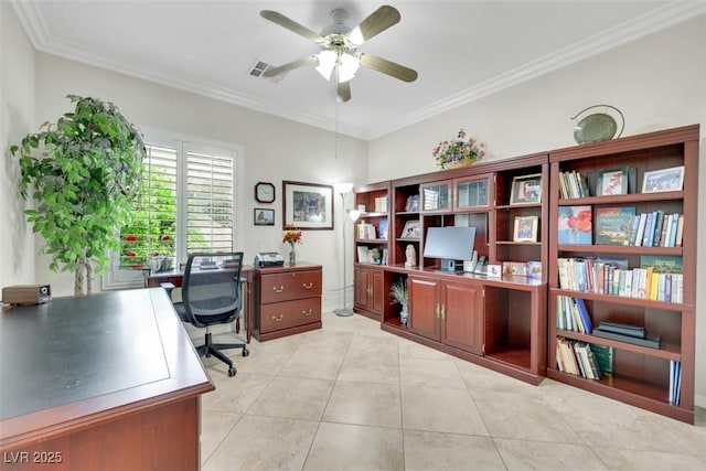office space with ornamental molding, ceiling fan, and light tile patterned flooring