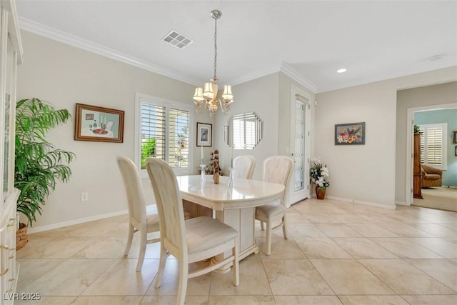 dining area with a chandelier, ornamental molding, light tile patterned floors, recessed lighting, and baseboards