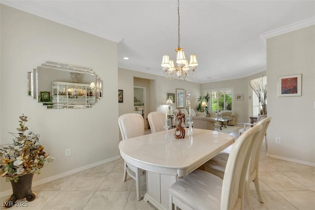 dining room featuring a chandelier, light tile patterned floors, baseboards, and recessed lighting