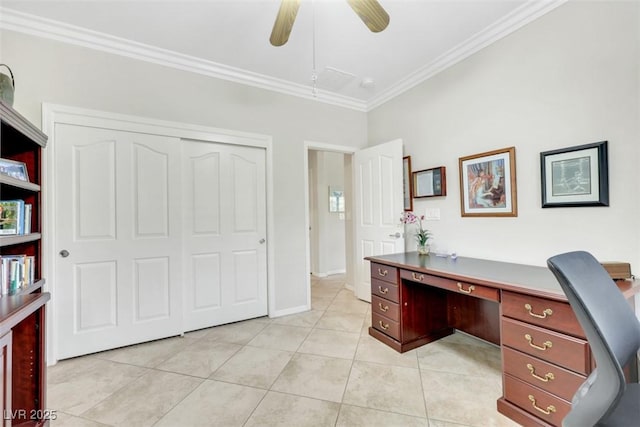 home office with ornamental molding, ceiling fan, light tile patterned floors, and baseboards
