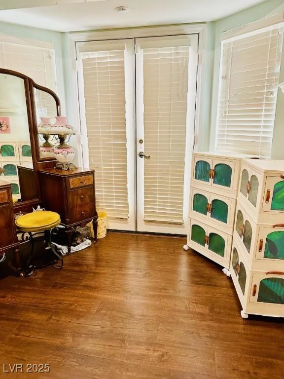 game room with wood finished floors and french doors