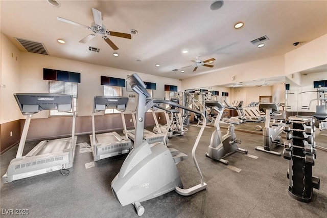 gym featuring a ceiling fan and recessed lighting