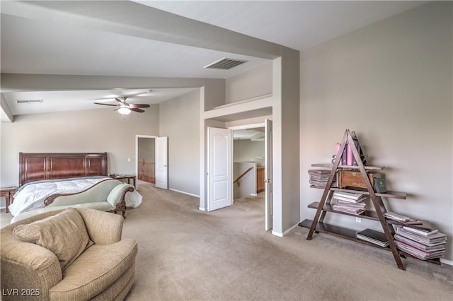 bedroom with light carpet, a ceiling fan, and baseboards