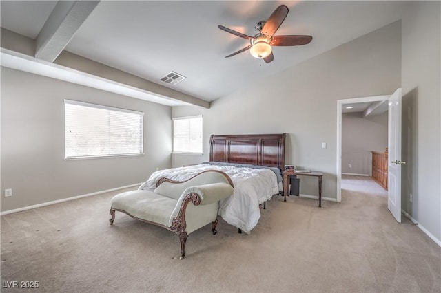 bedroom featuring light carpet, baseboards, and ceiling fan