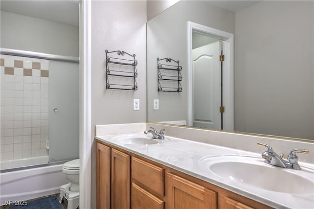 full bathroom with toilet, double vanity, and bathing tub / shower combination