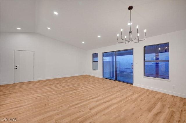 8412 Mulcahy Ave, Las Vegas, NV 89145 - unfurnished room with vaulted ceiling, a chandelier, light wood-style flooring, recessed lighting, and baseboards