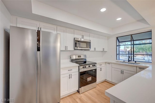 8412 Mulcahy Ave, Las Vegas, NV 89145 - kitchen with stainless steel appliances, a sink, a tray ceiling, light wood finished floors, and white cabinets