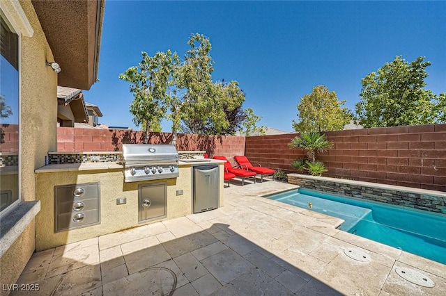 view of patio / terrace featuring grilling area, exterior kitchen, and a fenced backyard