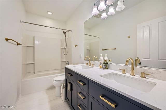 full bath featuring toilet, shower / washtub combination, and double vanity