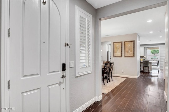foyer entrance featuring baseboards and dark wood-style flooring