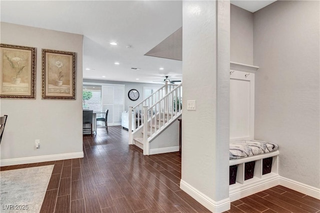 mudroom with dark wood finished floors, a ceiling fan, baseboards, and recessed lighting
