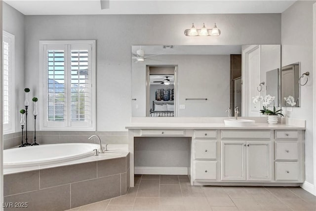 full bathroom with ceiling fan, a garden tub, tile patterned flooring, and a shower