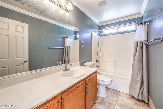 full bathroom featuring crown molding, toilet, shower / bathtub combination with curtain, vanity, and a textured wall