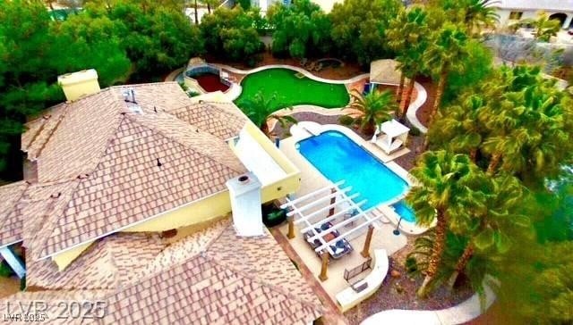 aerial view of a pool area