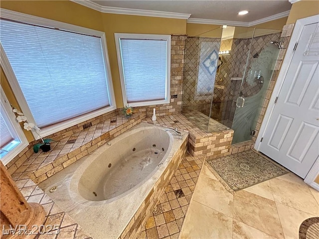 full bath with crown molding, a whirlpool tub, a stall shower, and tile patterned flooring