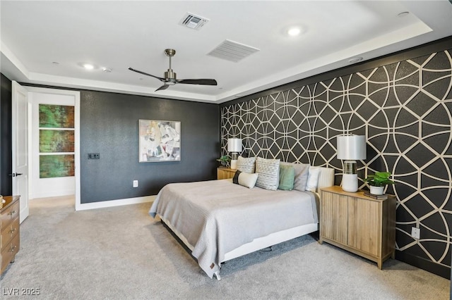12155 Sage Thunder Ave, Las Vegas, NV 89138 - bedroom with a raised ceiling, light carpet, baseboards, a ceiling fan, and recessed lighting