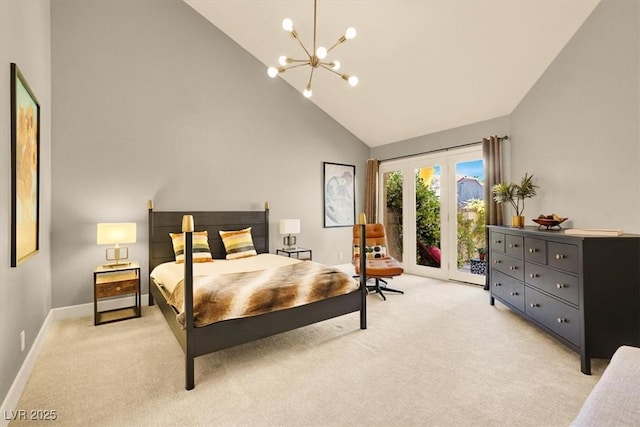 5142 Southern Hills Ln, Las Vegas, NV 89113 - bedroom with access to outside, light carpet, high vaulted ceiling, a chandelier, and baseboards