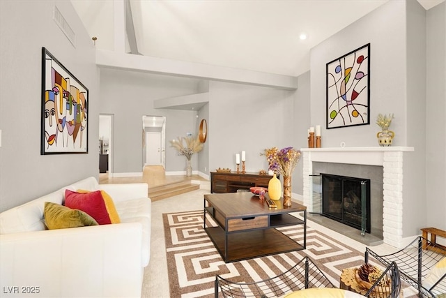 5142 Southern Hills Ln, Las Vegas, NV 89113 - living room with a brick fireplace and recessed lighting