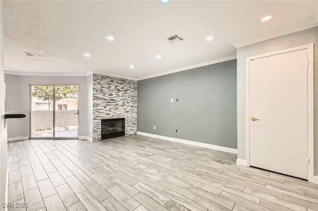 unfurnished living room featuring ornamental molding, baseboards, a fireplace, recessed lighting, and light wood-type flooring