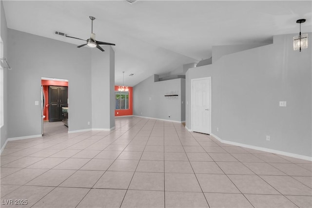 4644 Canna Dr, Las Vegas, NV 89122 - unfurnished living room featuring vaulted ceiling, a ceiling fan, light tile patterned floors, and baseboards