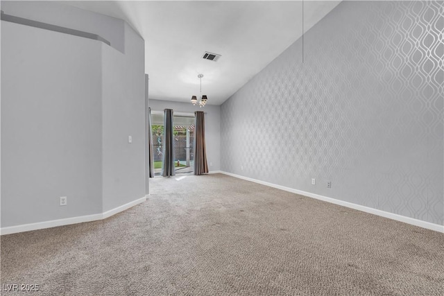 4644 Canna Dr, Las Vegas, NV 89122 - unfurnished room featuring baseboards, carpet, a chandelier, and wallpapered walls