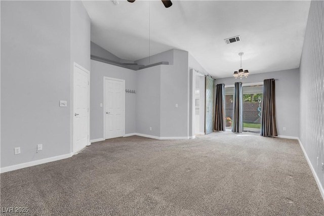 4644 Canna Dr, Las Vegas, NV 89122 - unfurnished room with carpet flooring, a chandelier, vaulted ceiling, baseboards, and ceiling fan