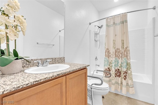 bathroom with shower / tub combo, vanity, tile patterned flooring, and toilet
