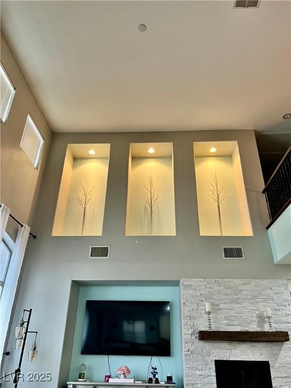 detailed view of a stone fireplace