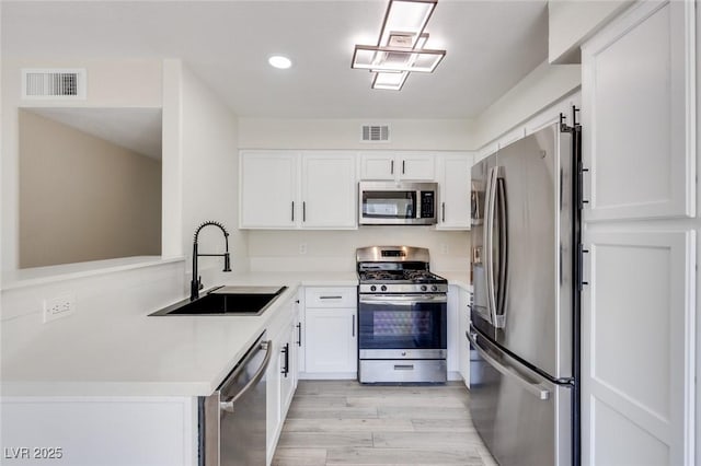kitchen with appliances with stainless steel finishes, a sink, light wood-type flooring, white cabinets, and recessed lighting