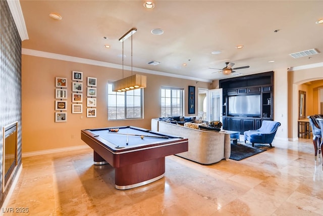 rec room with arched walkways, pool table, ceiling fan, recessed lighting, and crown molding