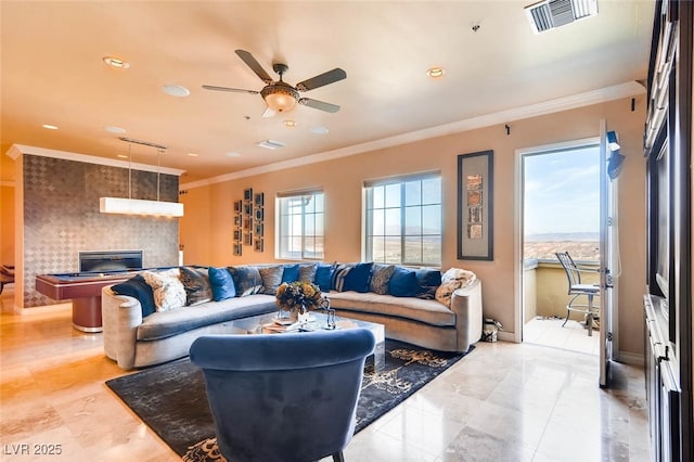 living room with ceiling fan, crown molding, recessed lighting, light tile patterned floors, and baseboards