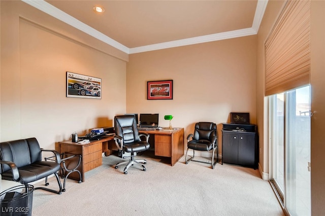 home office featuring carpet flooring, ornamental molding, and recessed lighting