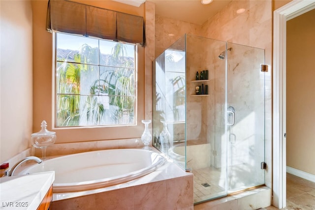 full bath featuring a shower stall and a bath