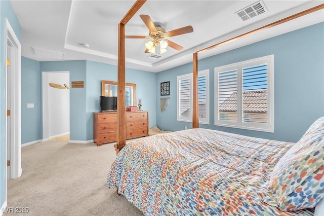 10353 Settlers Run Ave, Las Vegas, NV 89166 - carpeted bedroom featuring a raised ceiling, baseboards, a ceiling fan, and attic access