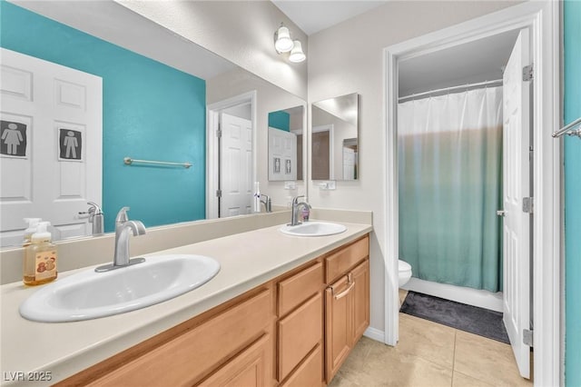 10353 Settlers Run Ave, Las Vegas, NV 89166 - bathroom featuring double vanity, toilet, tile patterned flooring, and a shower with curtain