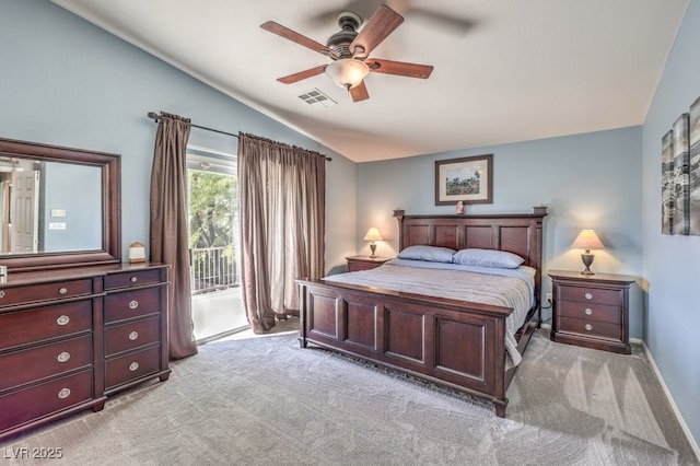 bedroom featuring lofted ceiling, access to outside, light colored carpet, a ceiling fan, and baseboards