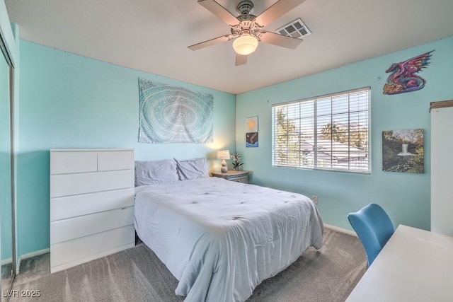 bedroom featuring carpet, baseboards, and ceiling fan