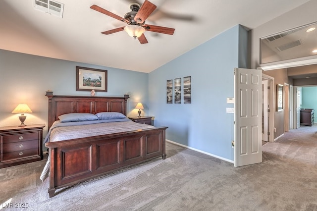 bedroom with lofted ceiling, light colored carpet, baseboards, and ceiling fan