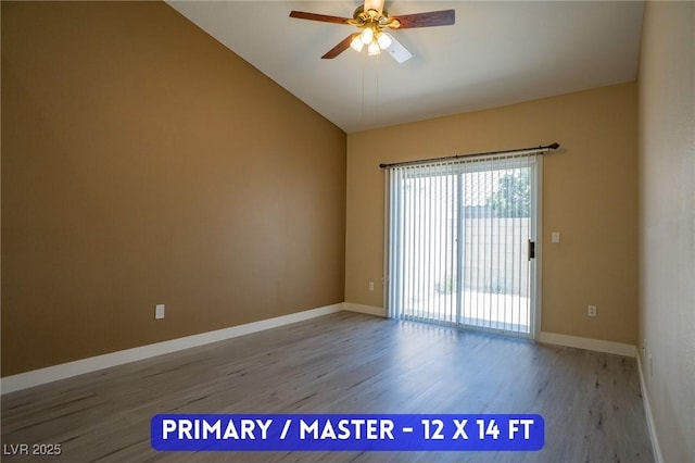 9710 Geiger Peak Ct, Las Vegas, NV 89148 - spare room with ceiling fan, wood finished floors, lofted ceiling, and baseboards