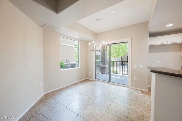 6868 Sky Pointe Dr Unit 1112, Las Vegas, NV 89131 - unfurnished dining area with a chandelier, baseboards, light tile patterned flooring, and recessed lighting