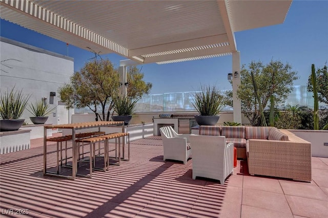 view of patio / terrace with a pergola, an outdoor hangout area, and outdoor dining area