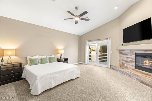 8100 Lake Hills Dr, Las Vegas, NV 89128 - bedroom featuring carpet, access to exterior, a tiled fireplace, baseboards, and ceiling fan