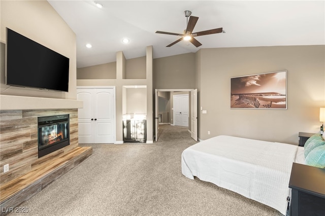 8100 Lake Hills Dr, Las Vegas, NV 89128 - bedroom featuring carpet, a tile fireplace, recessed lighting, high vaulted ceiling, and a ceiling fan
