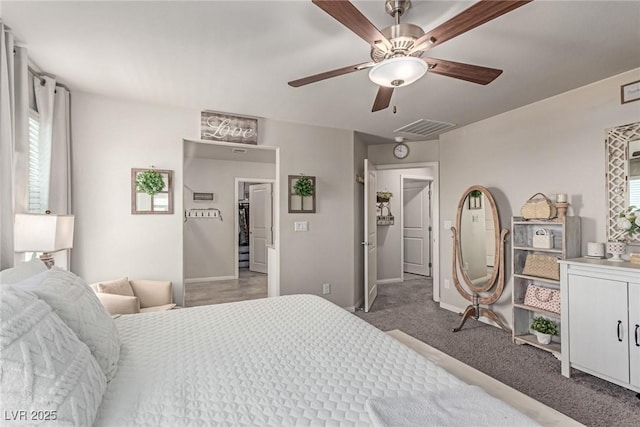bedroom with baseboards, light carpet, and a ceiling fan