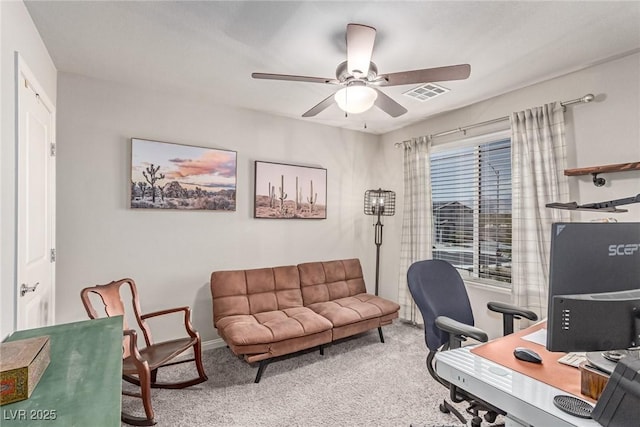 office with a ceiling fan, carpet floors, and baseboards