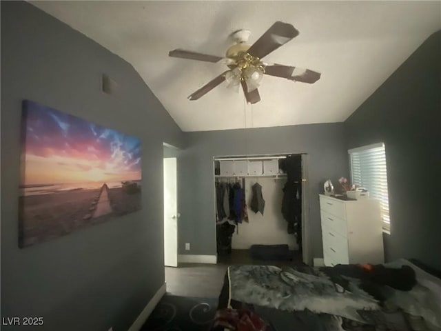 1841 Skywood Way, Las Vegas, NV 89142 - bedroom featuring vaulted ceiling, a closet, and ceiling fan
