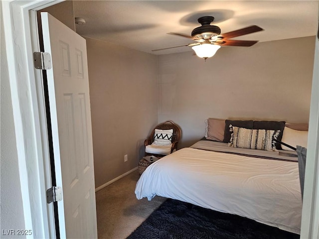 bedroom featuring carpet, baseboards, and ceiling fan